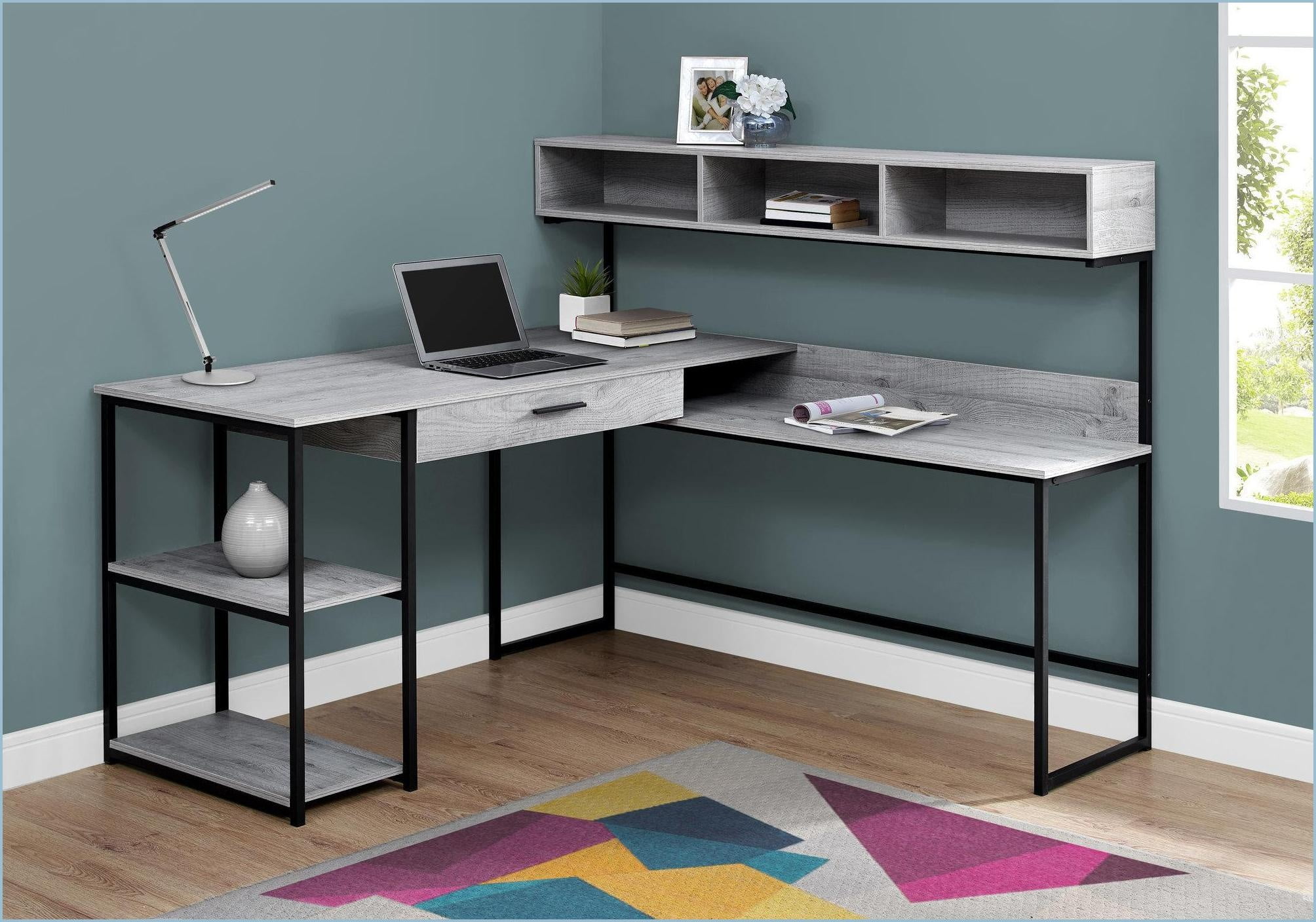 Desks, L-Shaped Corner Computer Desk with Storage Drawers, Modern Grey Laminate | Black Metal | MDF