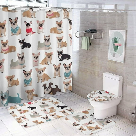 Bathroom Set,Cute Chihuahua Pug Pattern Print Bathroom Rug Set,Bath Rug Set 4 Piece,Modern Shower Curtain Set with Shower Curtainand 12 Hooks, Style