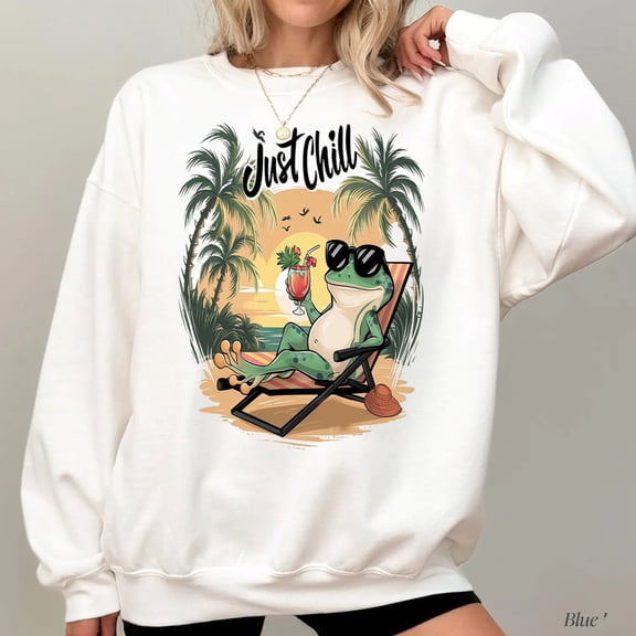 Just Chill Frog Sweatshirt – Funny Beach Vibes Pullover, Relaxed Summer Vacation Aesthetic Crewneck