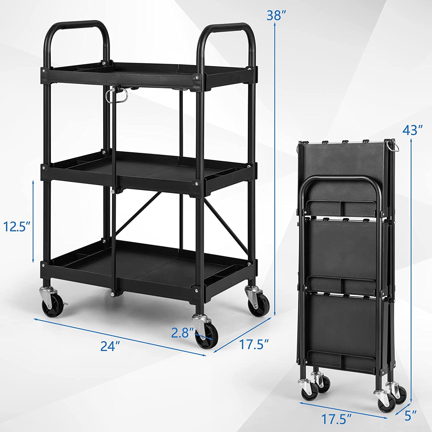 AISUO  Folding Utility Cart,3-Tier Rolling Tool Cart w/Lockable Wheels, 300LBS Capacity,Divided Storage Compartments,Collapsible Metal Service Cart Work Cart for Office Home,Garage,Kitchen,Black