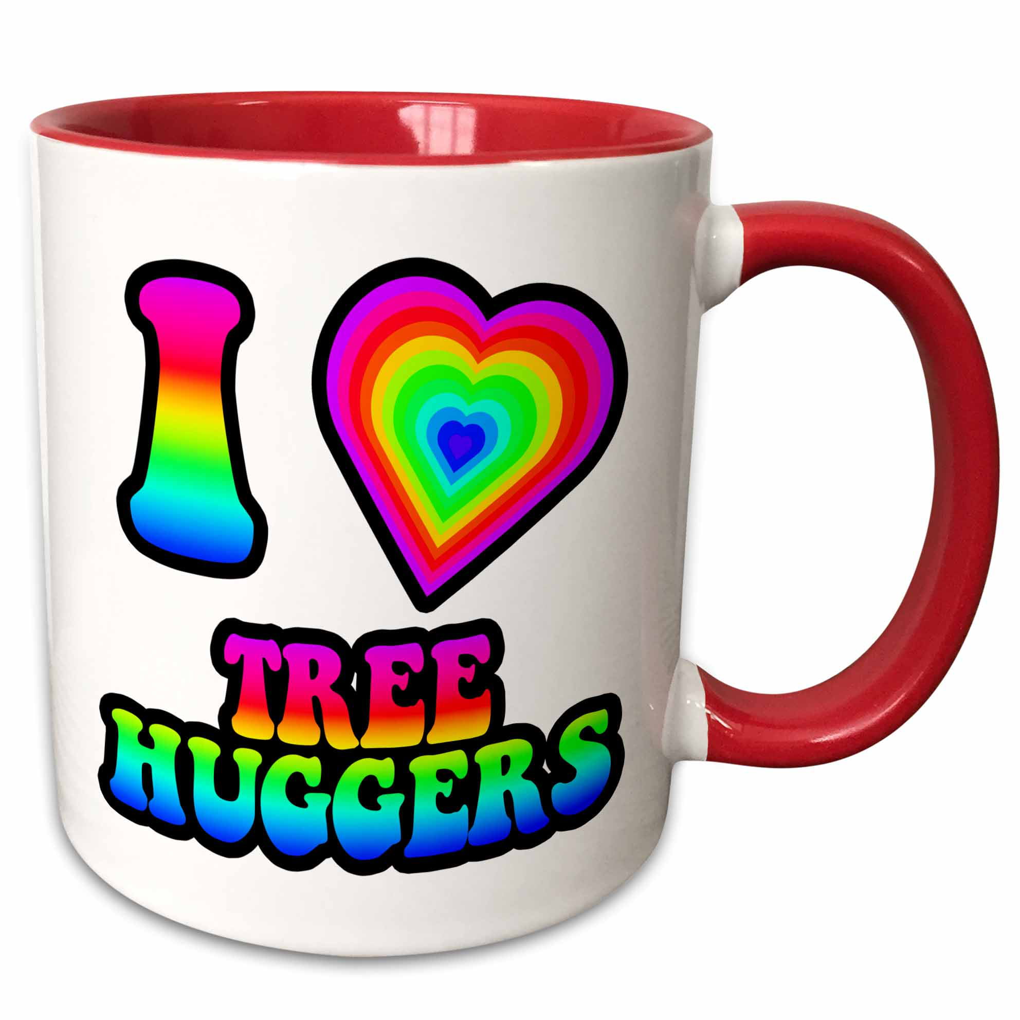 3dRose 217522_4 Groovy Hippie Rainbow I Heart Love Tree Huggers Two Tone Black Mug 11 oz