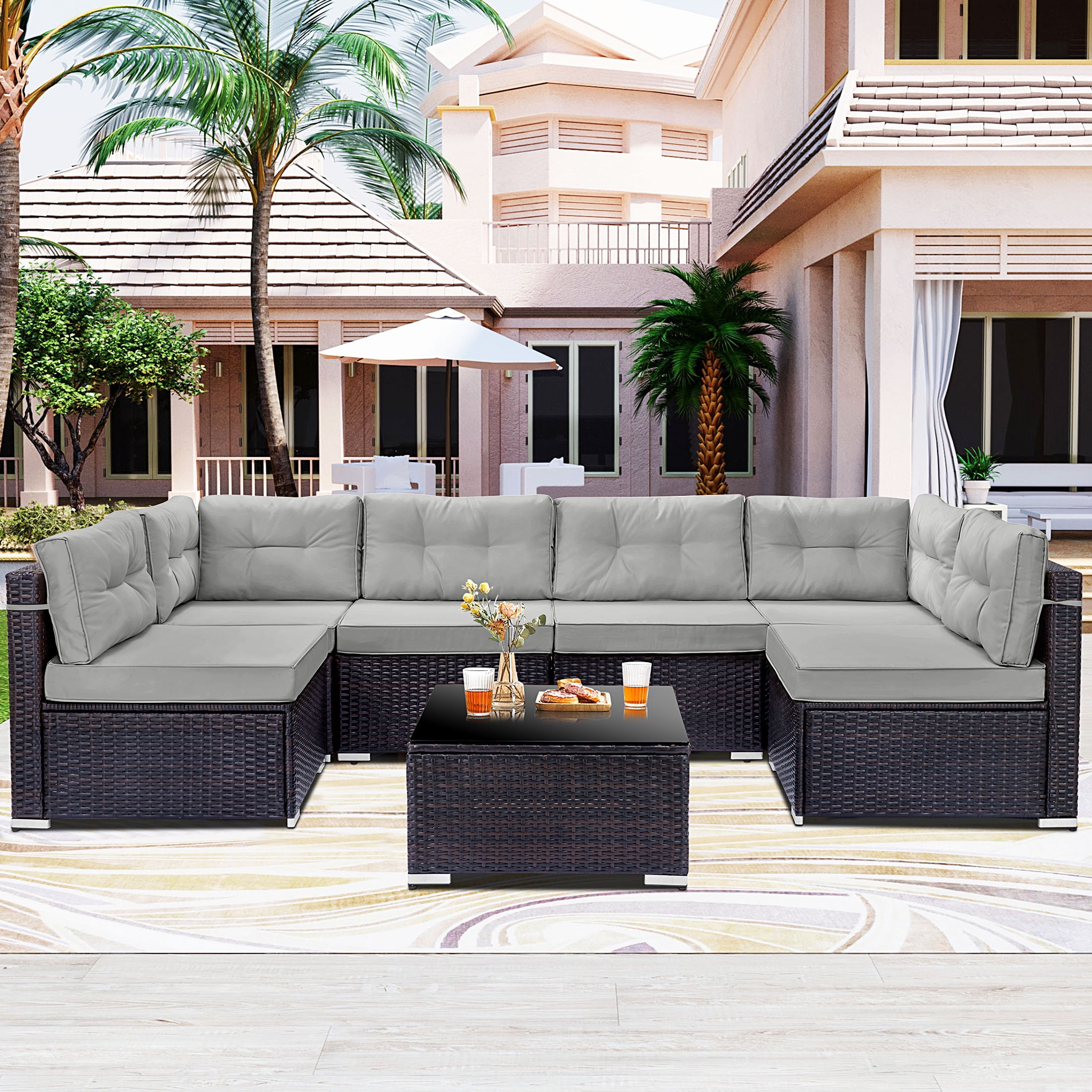 7 Piece Rattan Sectional Sofa Set, Outdoor Conversation Set, All-Weather Wicker Sectional Seating Group with Cushions & Coffee Table, Morden Furniture Couch Set for Patio Deck Garden Pool
