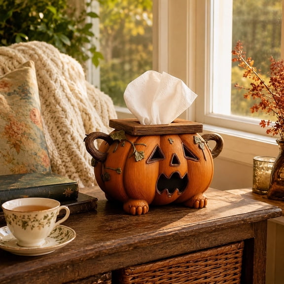 Halloween Pumpkin Tissue Box Cover, Pumpkin Tissue Box Cozy Decoration for Bathroom Kitchen Table, Farmhouse Fall Harvest Spooky Home Decor Dispenser Holder, Orange