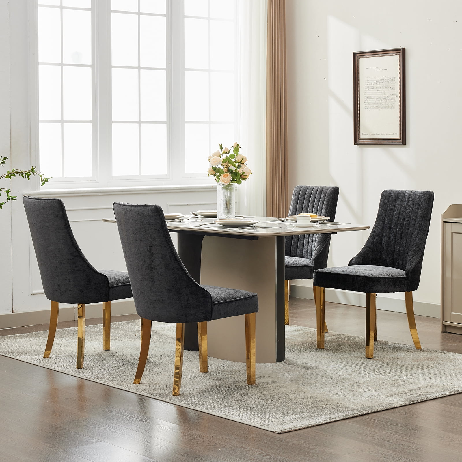 Black Mid Century Dining Chairs Set of 8, Modern Kitchen & Dining Room Chairs Set of 8, Chenille Fabric Upholstered Kitchen Chairs for Dining Table, Sillas de Comedor, Gold Legs (Black, 8 Pcs)