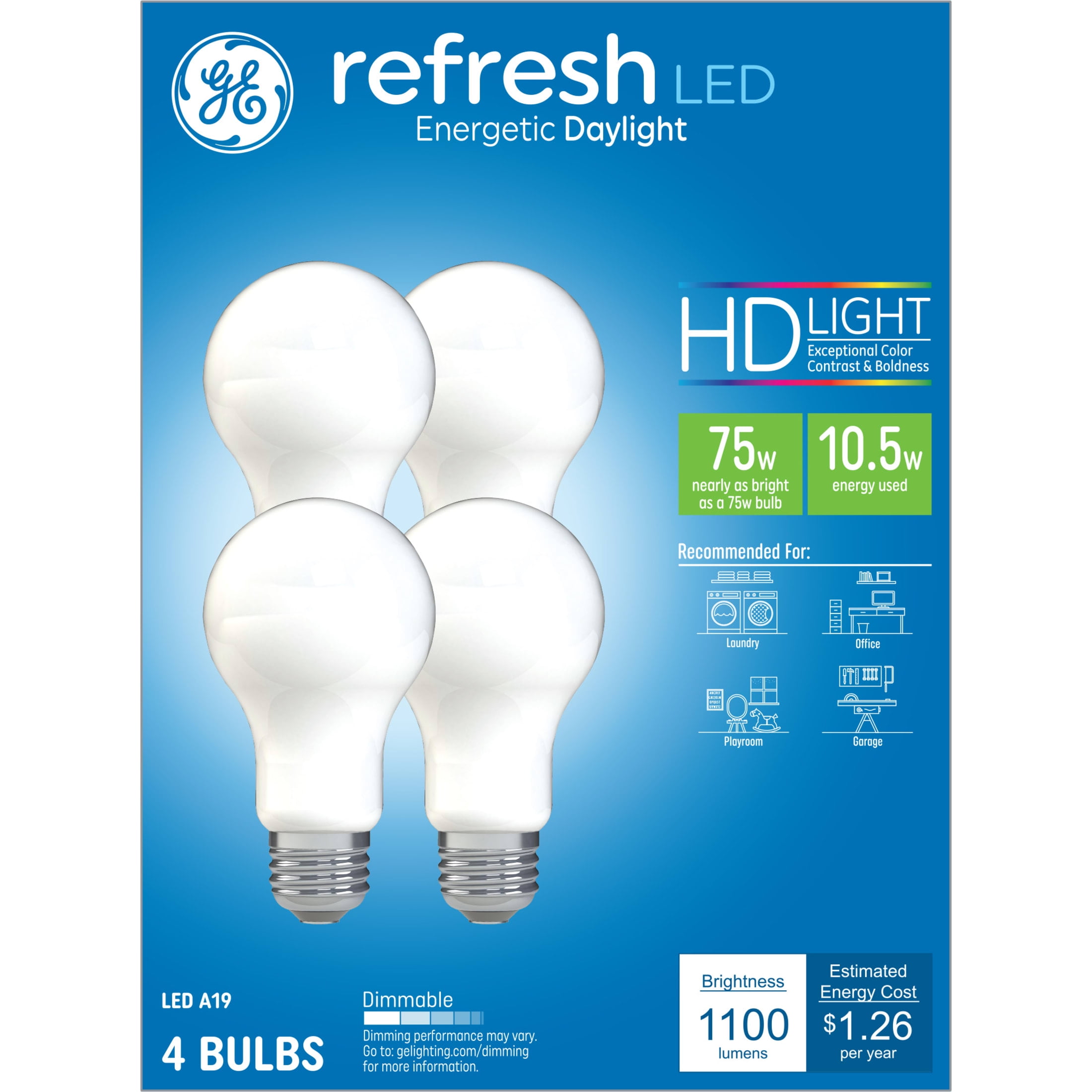 (4 pack) GE Refresh HD LED 75 Watt Replacement, Daylight, A19 General Purpose Bulbs (4 Pack)