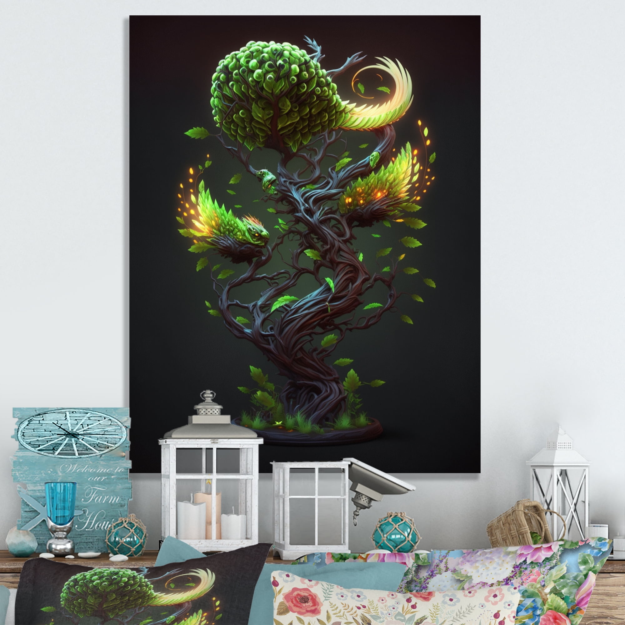 Designart Bonsai Swirl Tree Neon IV Canvas Wall Art