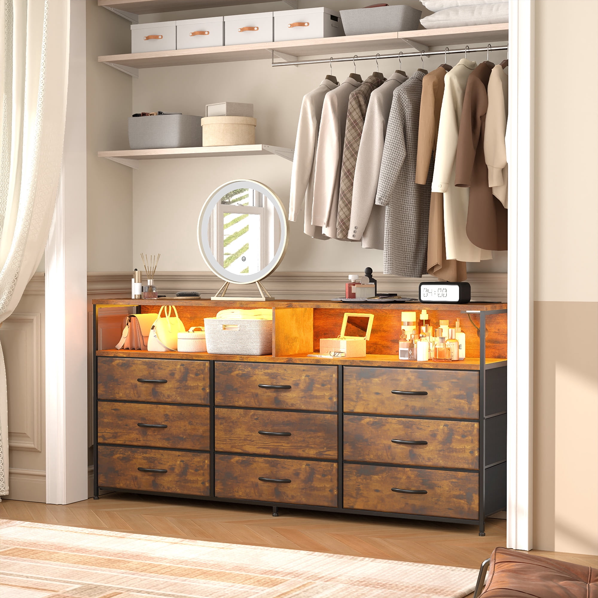 Romorgniz 9-Drawer Wide Dresser with Power Outlet & LED Lights, Fabric Chest of Drawers for Bedroom,TV Stand for 65"Screens,Rustic Brown