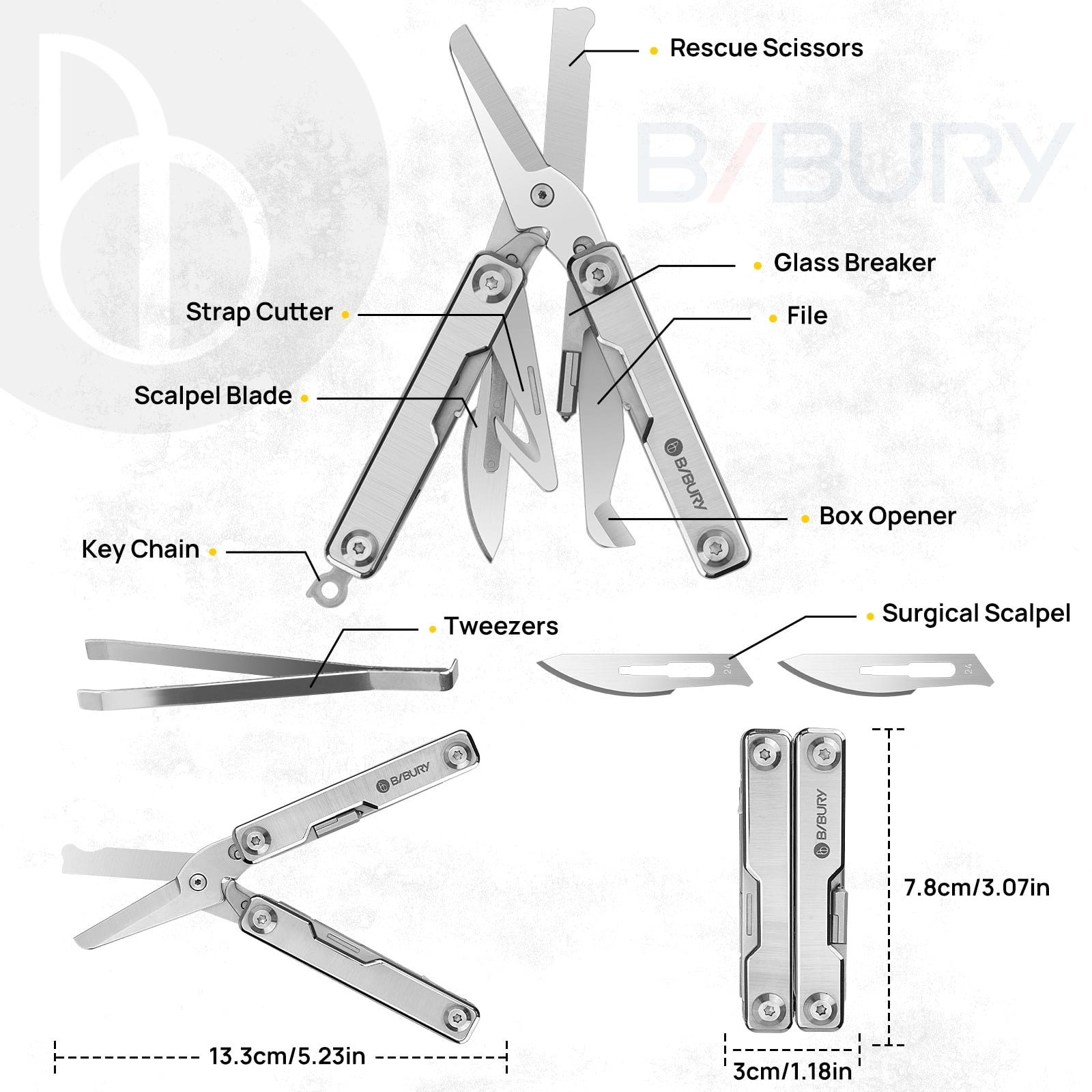 BIBURY Keychain Mini Multitool BI2052A, 8 in 1 EDC Scissors with Window Breaker, Seat Belt Cutter, Bottle Opener for Outdoor Survival, Mini Multi Tool with Pocket Clip, Gifts for Men and Women