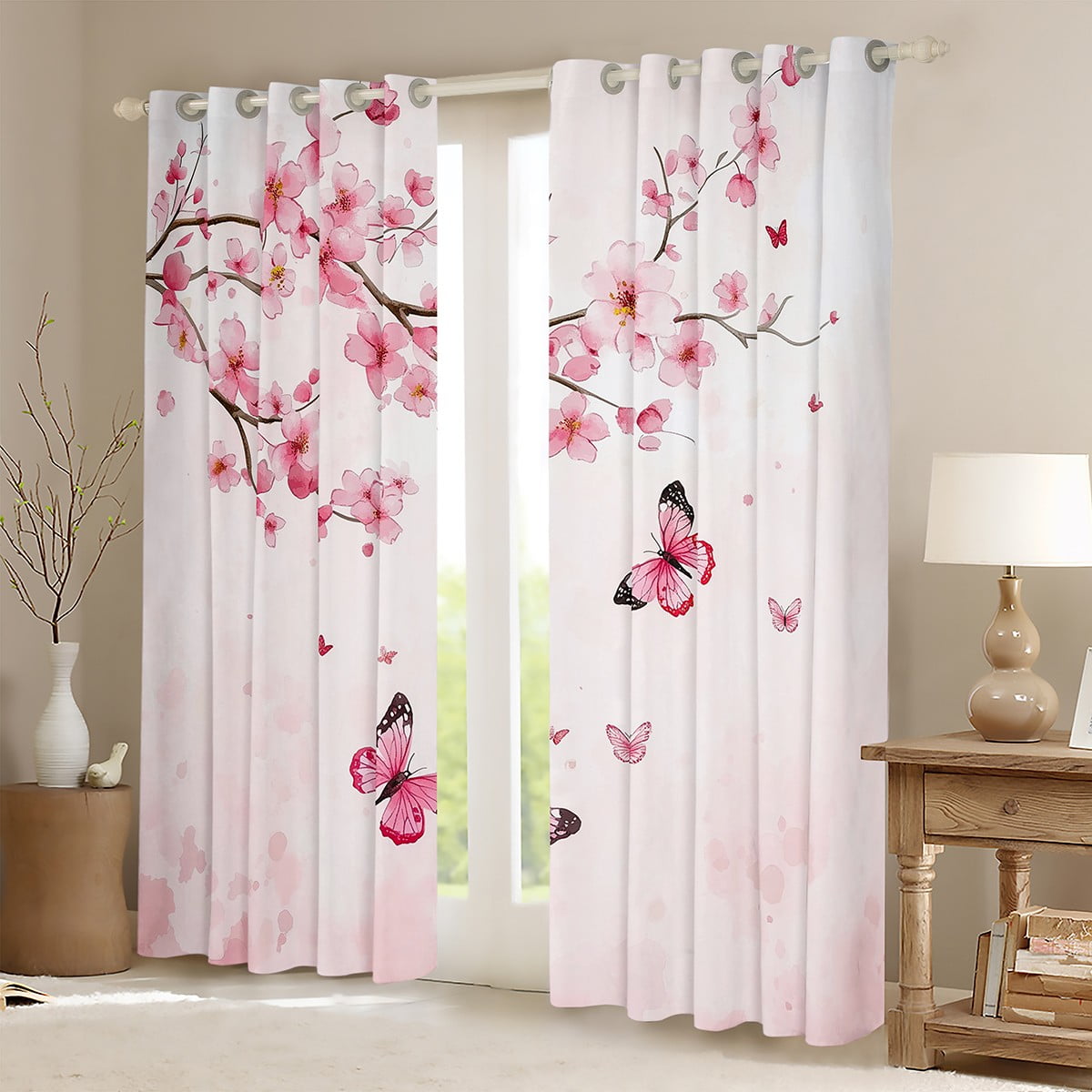 Manfei Cute Butterflies Black Out Curtains,Cherry Blossom Curtains Pack of 2 (42x63 Each),Light Pink Bedroom Curtains For Princess,Super Cozy Room Decor