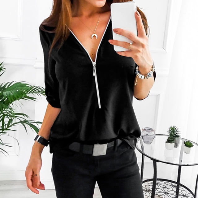 Pntutb - Blusa suelta de gasa para mujer, cuello en V, manga larga, con cremallera frontal Pntutb Pntutb-75