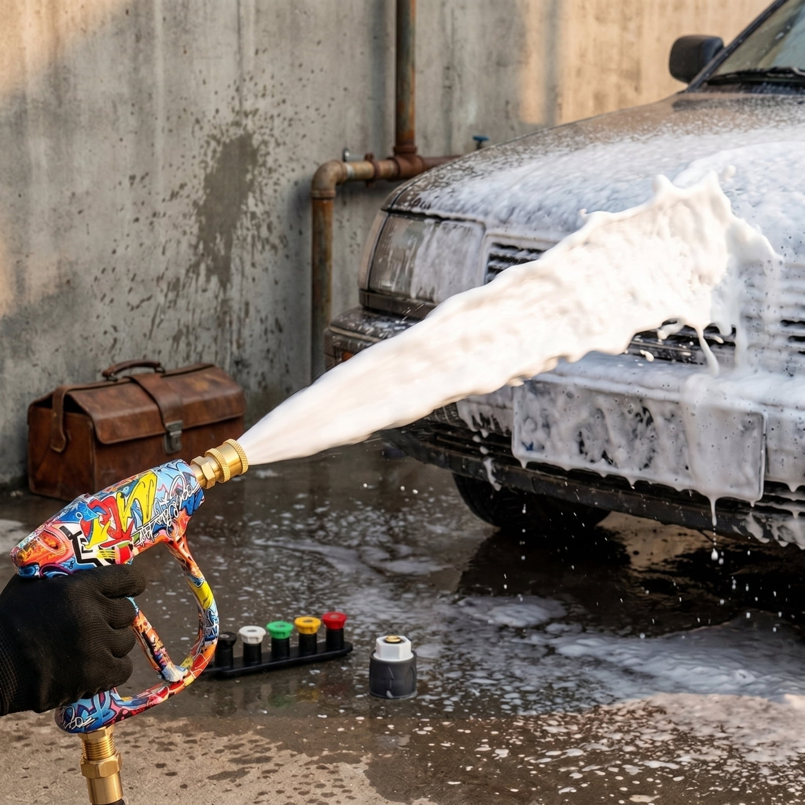 Graffiti Foam Cannon Pro: 6.69" Quick-Connect Adjustable Snow Foam Spray Gun with 5-Nozzle Kit for High-Pressure Car Wash A