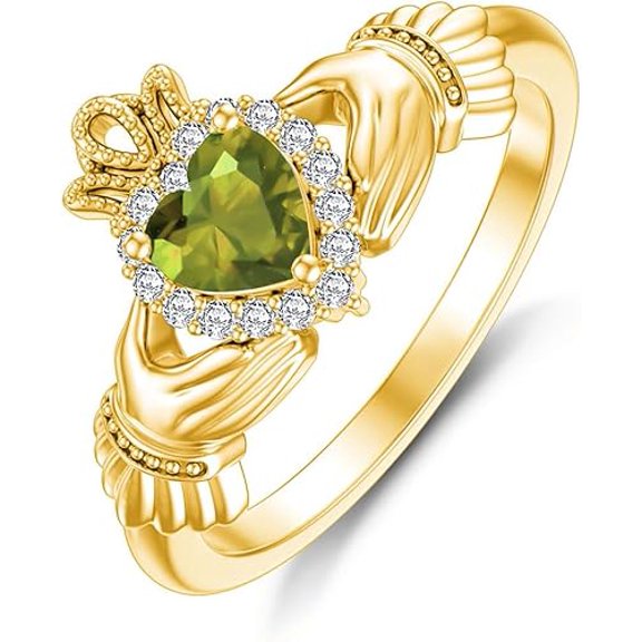 Dazzlingdaimonds Jewels 2.00 Ct Heart Cut Peridot and White Diamond Engagement Wedding Irish Claddagh Promise Band Ring 14K Yellow Gold Plated 925 Sterling Silver For Women's -6