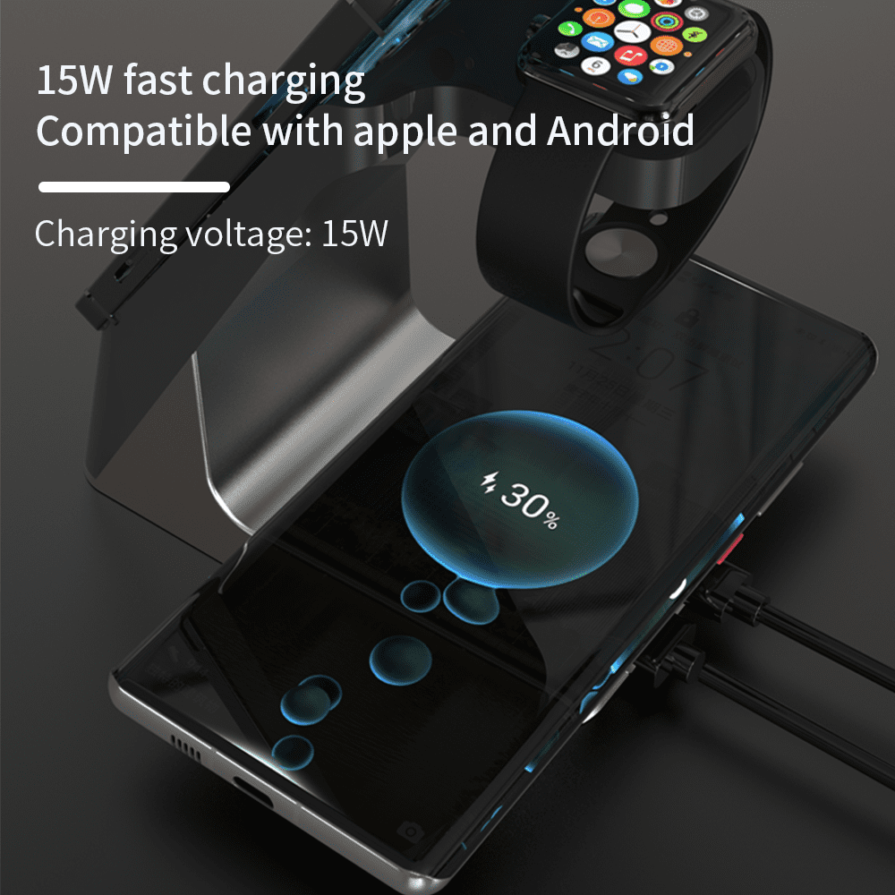 H27 6-in-1 Magnetic Wireless Charging Station with Digital Alarm Clock, 15W Transparent Fast Charger for iPhone 17 16 15 14 13 12, Apple Watch, AirPods, and Extra USB Port