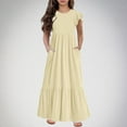 thumbnail image 2 of AJTQTH Stylish Sundress for Girls Solid Color Crewneck Flutter Sleeve Gowns High-Waisted Flowy Ruffled Maxi Dress Tiered Frocks with Pockets for Summer Casual Party Beige 8 Years, 2 of 6