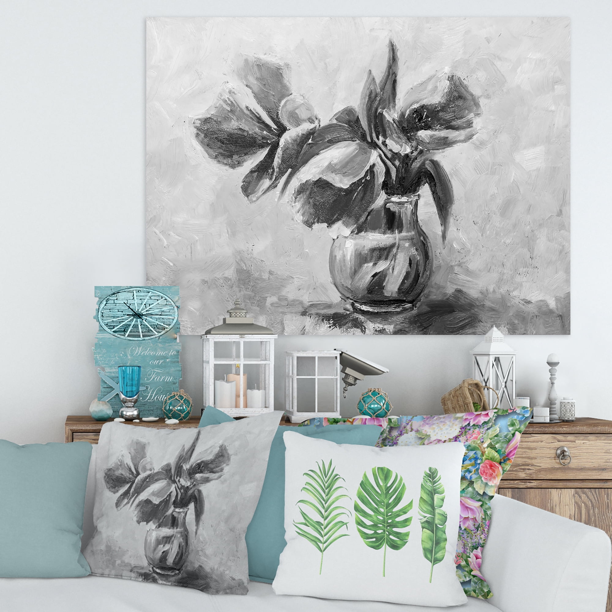 Designart ' Black and White Still Life Of Flowers In A Vase ' Traditional Canvas Wall Art Print