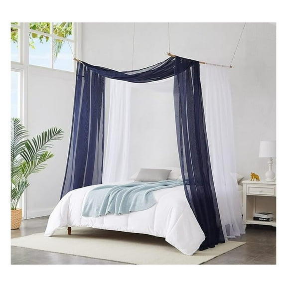 Canopy Bed Curtains Set of 2 - White & Navy Blue - 55x360 Inch - King Size Bed Canopy for Girls - Bed Tent Drapes - Bedroom Decor