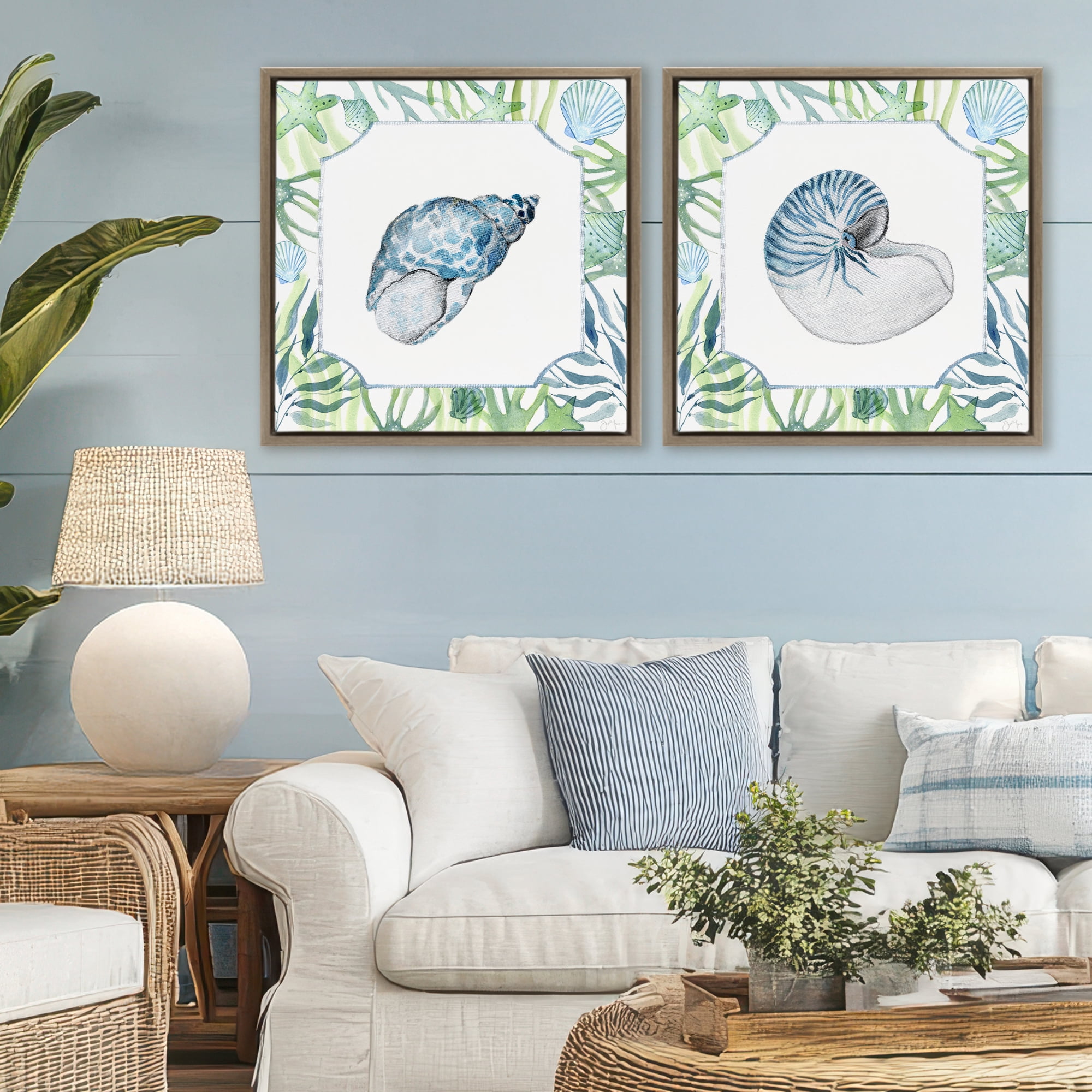 Stupell Industries Seaweed Bordered Seashells 2 Piece Brown Framed Floater Canvas Set, design by Janet Tava