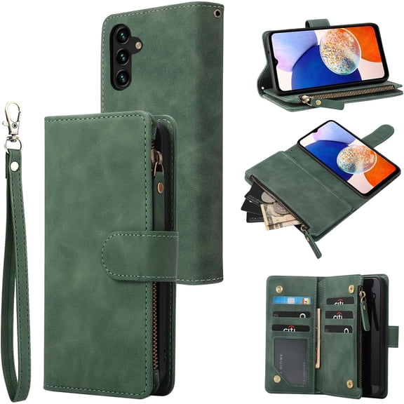 Compatible with Galaxy A14 5G Wallet Case, Premium PU Leather Zipper Folio RFID Blocking with Card Slot Wrist Strap Magnetic Closure Built-in Kickstand Protective Case (Black Green)