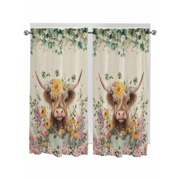Spring Cow Floral Bathroom Window Curtain, Green Eucalyptus Leaves Linen Light Filtering Coffee Kitchen Curtains, Bedroom Living Room Curtains 2 Panel 84"x63"