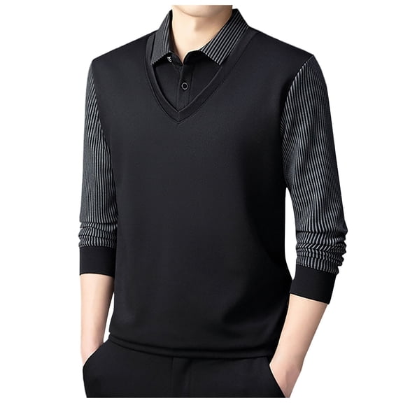 GBSYEWXS Pullover Sweater For Men Long Sleeve Striped Print Pullover Gentleman Trendy Collared Sweaters Black