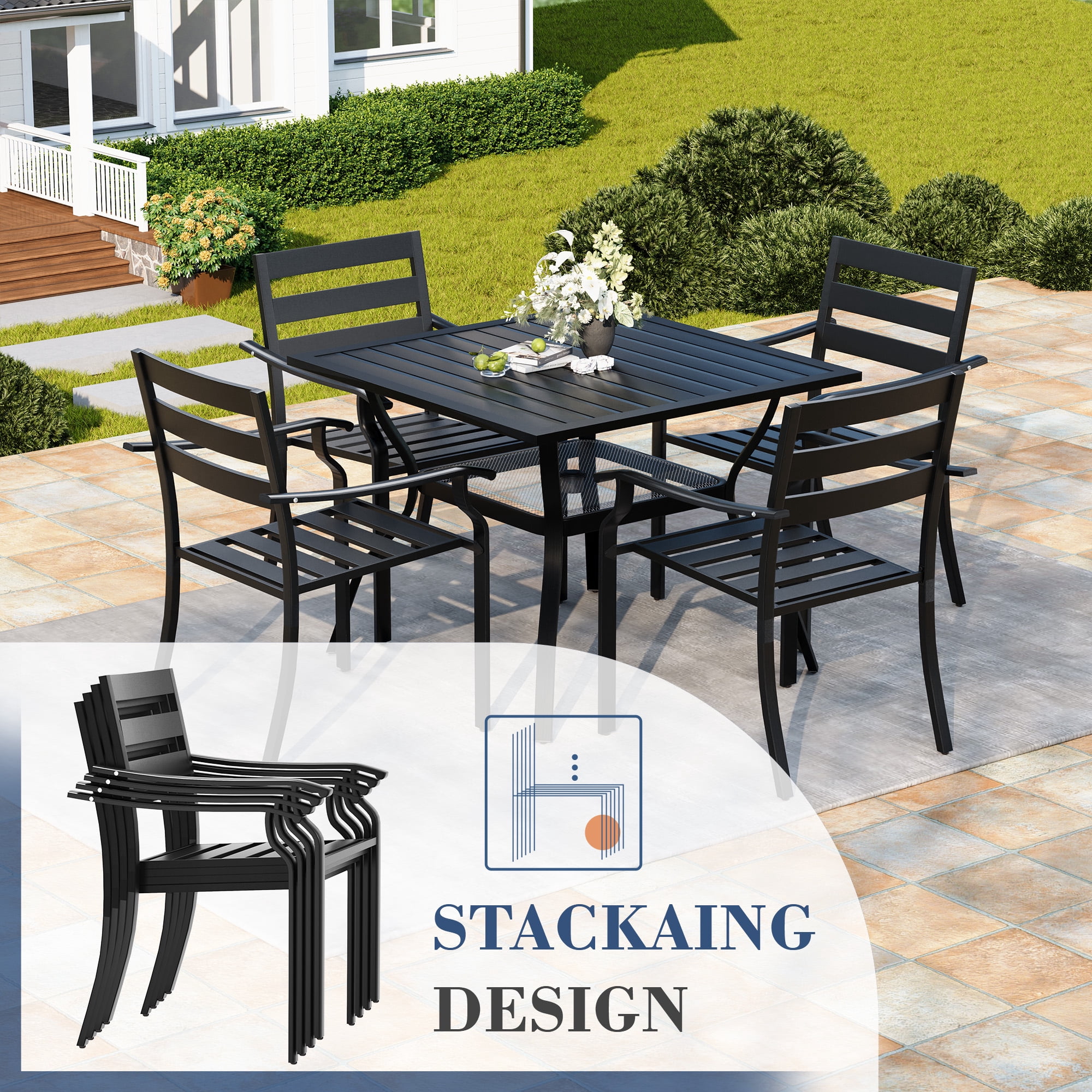 Homrest 5 Piece Steel Foldable Outdoor Conversation Sets with Table with Umbrella Hole and Stackable Chairs