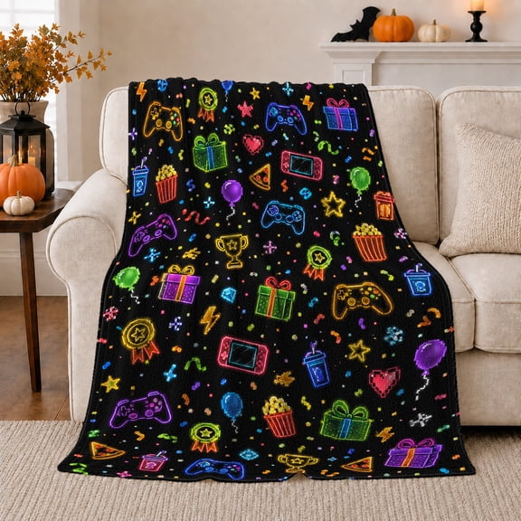 Neon Gamer Icons on Black, Playful Arcade Style for Gamers, Controller and Trophy Motif and Birthday Gift, Cozy Flannel Blanket for Game Room and Bedroom, Home Decor