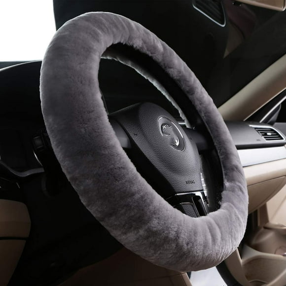MLOVESIE Fluffy Wool Car Steering Wheel Cover Genuine Sheepskin Steering Wheels Interior Accessories for Women Anti-Slip Universal for 15 inch (Gray)