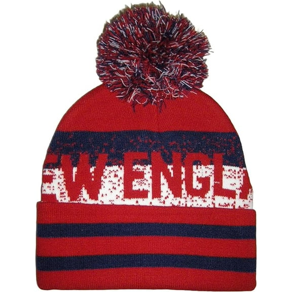 New England Adult Size Digital Pattern Winter Knit Pom Beanie Hat (Red/Navy)