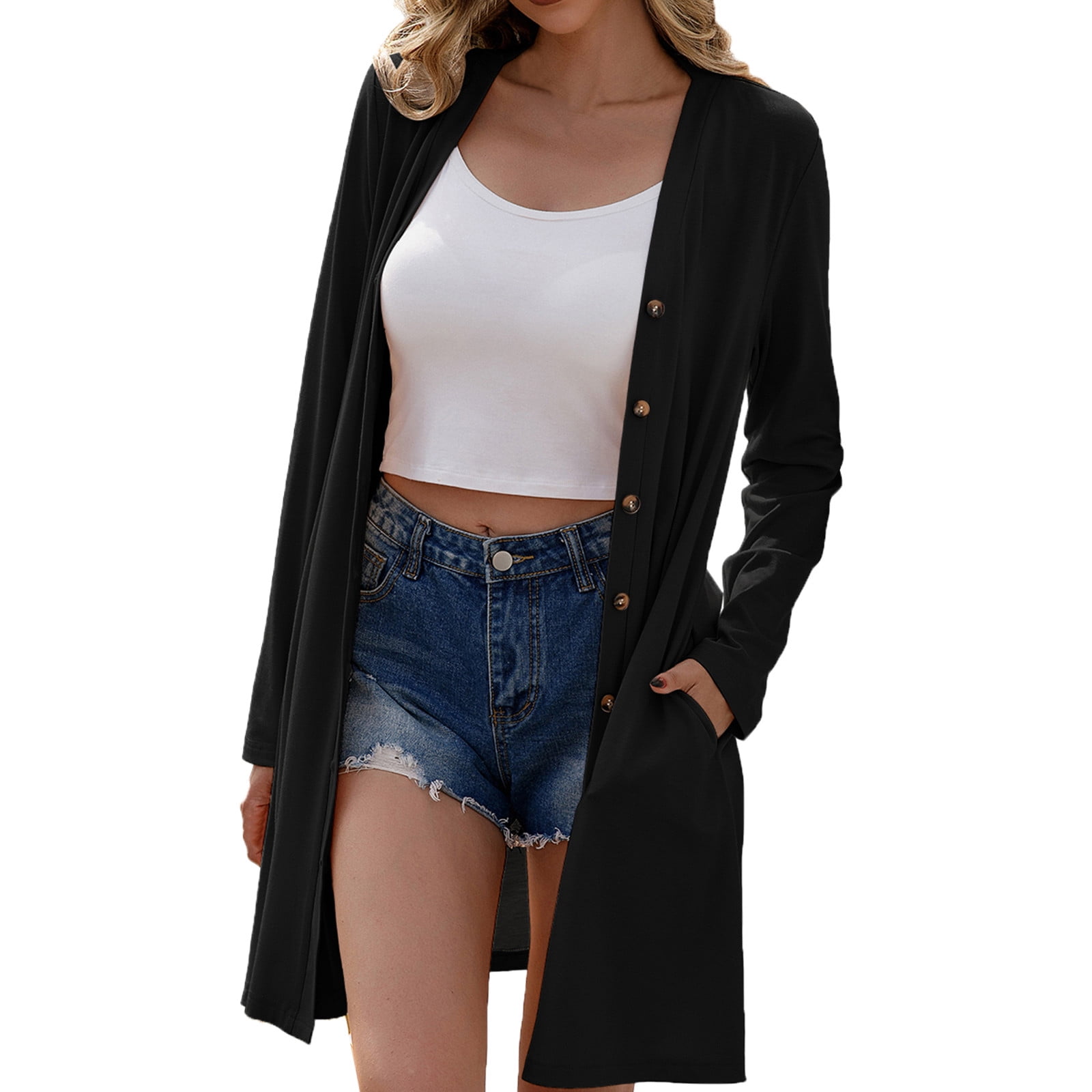 Fsqjgq Winter Sweater 2022 Women Casual Tops Dress and Coat Fashion Solid  Color Cardigan Pockets Long Sleeve Top Blouse Button Coat Womens Sleeveless  Cardigan Plus Size Polyester Black M - Walmart.com