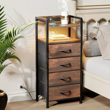 Bestco Modern LED Nightstand with 4 Drawers Bedside Table with Charging Station Rustic Brown