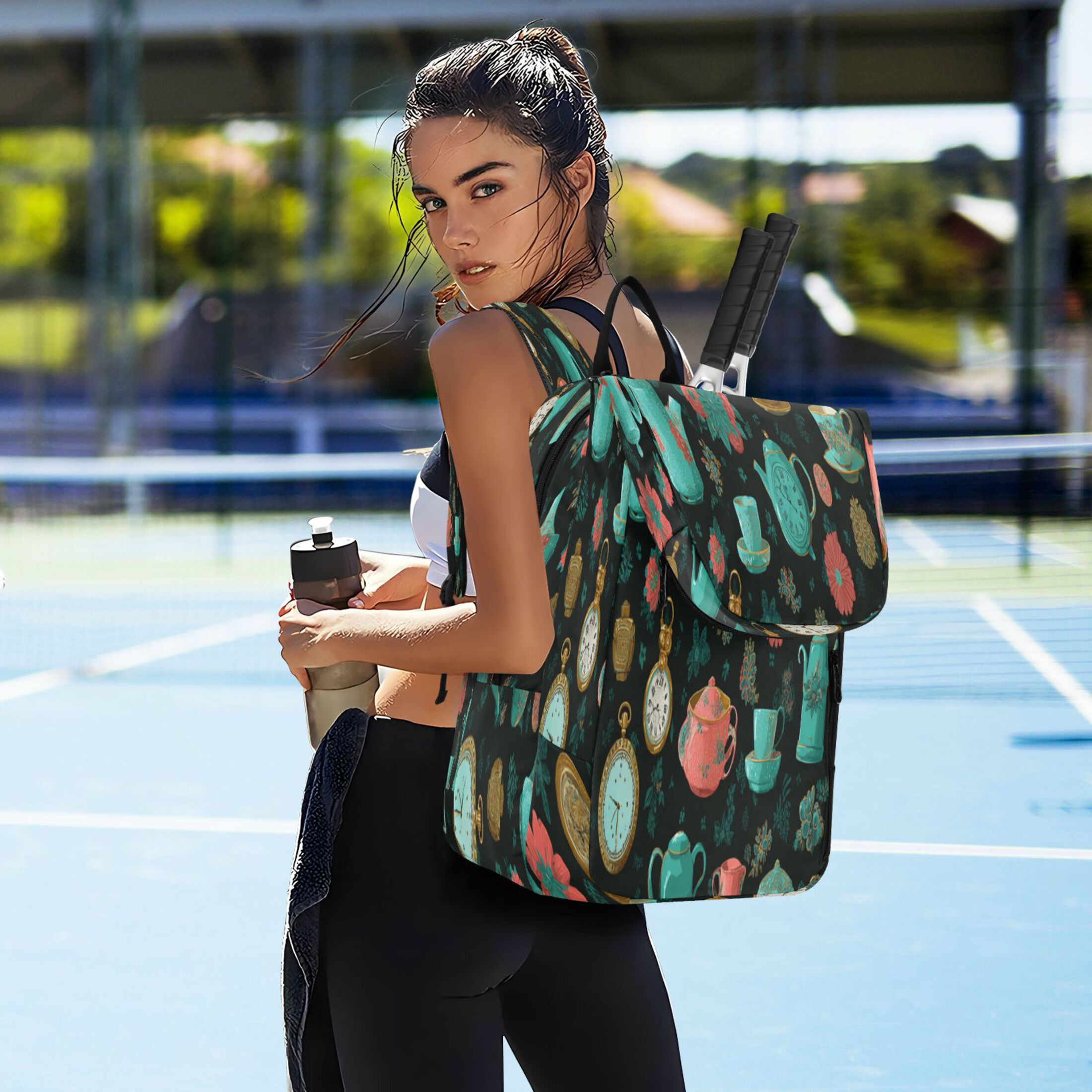 2 Racquet Holder Tennis Backpack Tennis Racket Covers Gym Bags Teal and Coral Vintage