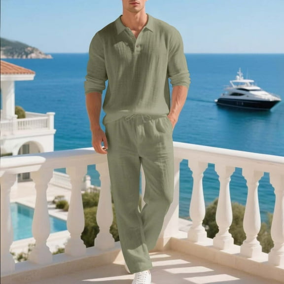 Zedker Men's 2 Piece Set Long Sleeve Casual Fashion Flip Collar Shirts Loose Pants Set Vacation Outfits Summer Beach Set Army Green Plus L