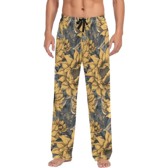 GZHJMY Yellow Vintage Sunflower Men's Pajama Pants, Loose Lightweight PJs Lounge Sleep Bottoms with Pockets Drawstring, Pajama Bottoms for Home and Rest, XX-Large