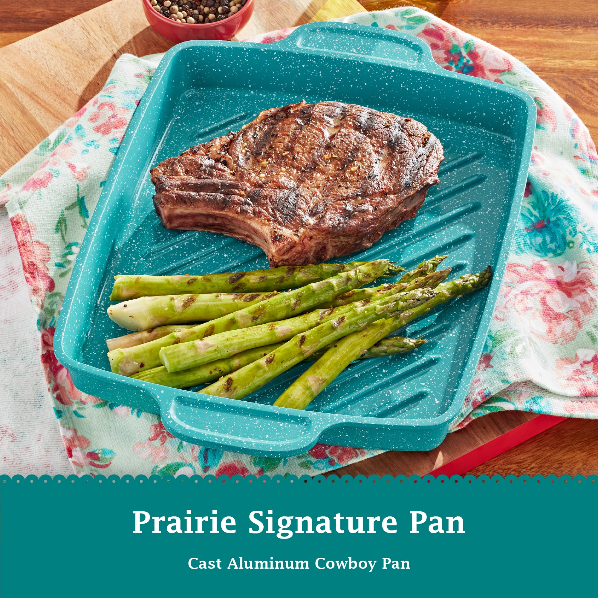 The Pioneer Woman Prairie Signature 12" x 10" Cast Aluminum Cowboy Steak Pan, Teal Speckle