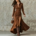 thumbnail image 2 of Womens Vintage Western Dresses, Suede V Neck Button Down Long Sleeve Maxi Dress Fishtail Hem Boho Western Dresses Brown XL, 2 of 4