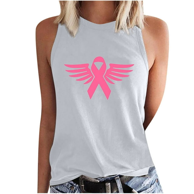 Chandails de Sensibilisation au Cancer du Sein pour Femmes, Col Ras du Cou, Blouse Basique Imprimée Sans Manches, Débardeur Décontracté d'Été pour l'Entraînement