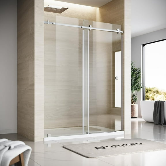 UKS09-Frameless Single Sliding Shower Door with SGCC Certified Tempered Glass, 56"-60" Width, 80" Height, Effortless Movement, Easy-Cleaning Coated