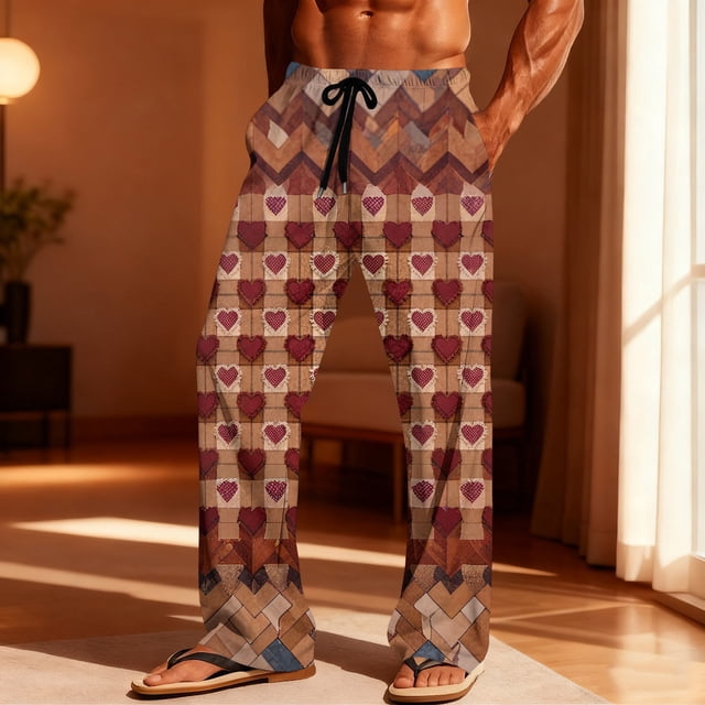 TaTaai Men's Valentine Print Loose Elastic Waist Pajama Pants, Valentine's Day Gift, Casual Leisure Straight Trousers With Pockets Gift