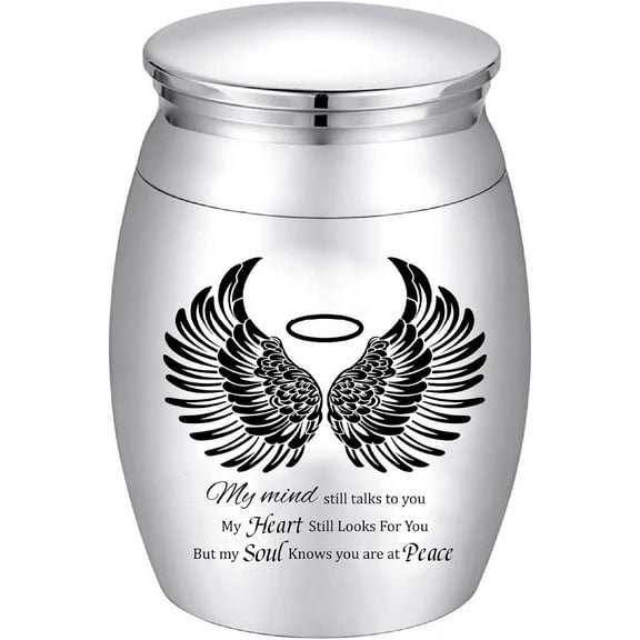 Small Keepsake Urns Mini Cremation Urn for Human Ashes Alloy Sharing Funeral Urn Memorials Ashes Holder Miniature Container Black Angel Wings for Family Friend Pet 1.6x1.2Inch-Silvery