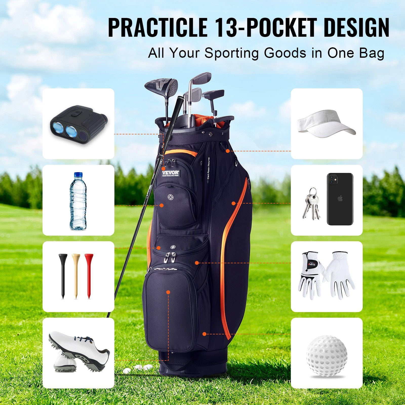 Golf Cart Bag with 14 Way Organizer Divider Top, 36' 13 Pockets Premium Cart Bag, Durable Golf Bags with Handles & Dust Cover & Detachable Straps for Men & Women, Black & Orange