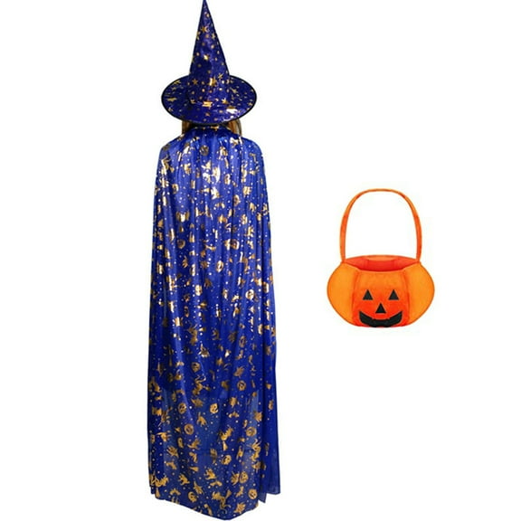 Halloween Wizard Cape Witch Cloak with Hat and Pumpkin Bag, Children's Role Play Party Costume Props (4PCS Set)