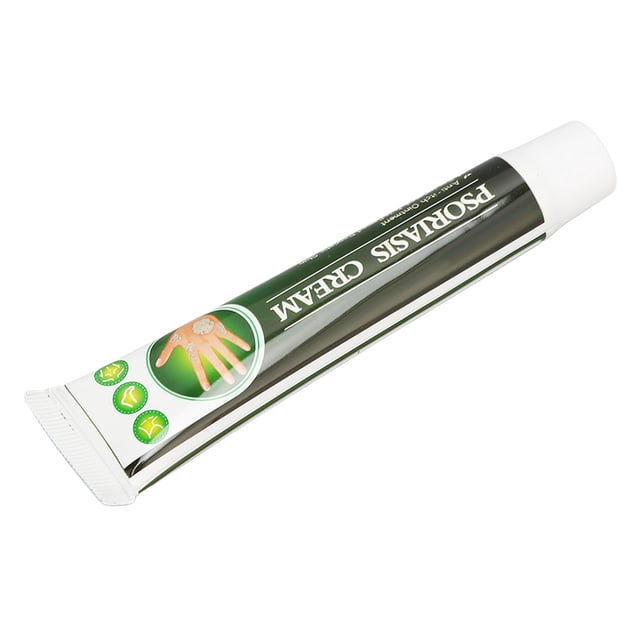 crema para la psoriasis tubo importado Anggrek de 20 g, vista 3/4 oblicua de un tubo metálico flexible verde y blanco etiquetado “Psoriasis CREAM”, tapa roscada blanca y gráfico de mano con piel escamosa; especificado para tratamiento de psoriasis y hecho con materia orgánica según ficha.