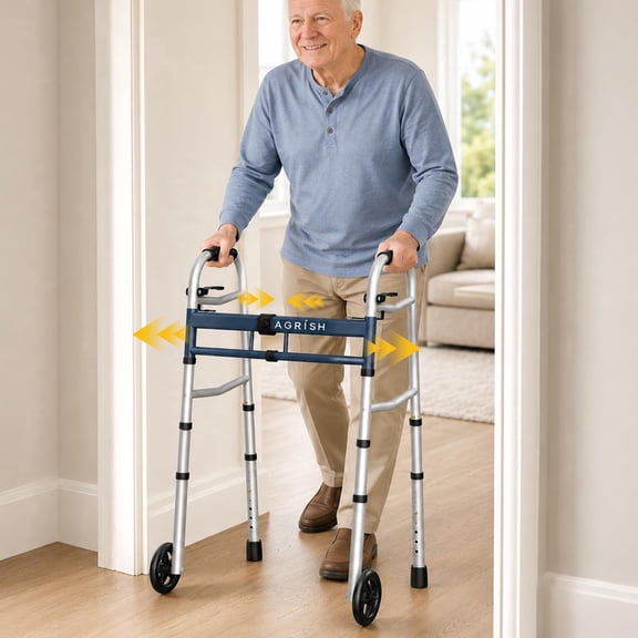 Agrish Narrow Rollator Walker for Seniors & Adults - Lightweight Folding, Adjustable Width/Height, 5'' Wheels, 300 lbs Capacity
