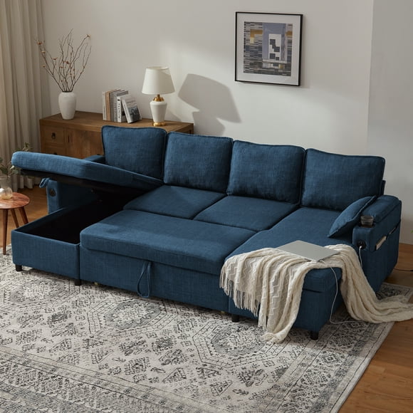 Canapé-lit Convertible Sectionnel avec Rangement, Canapé-Lit en Forme de U pour Salon, Appartement, Petit Espace - Bleu