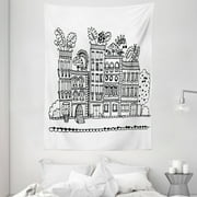 Interestprint Decor Tapestry, Sketchy Hand Drawn Cartoon House Apartment Trees Kids Nursery Room, Wall Hanging for Bedroom Living Room Dorm Decor, 60W X 80L Inches, Black and White, by Ambesonne