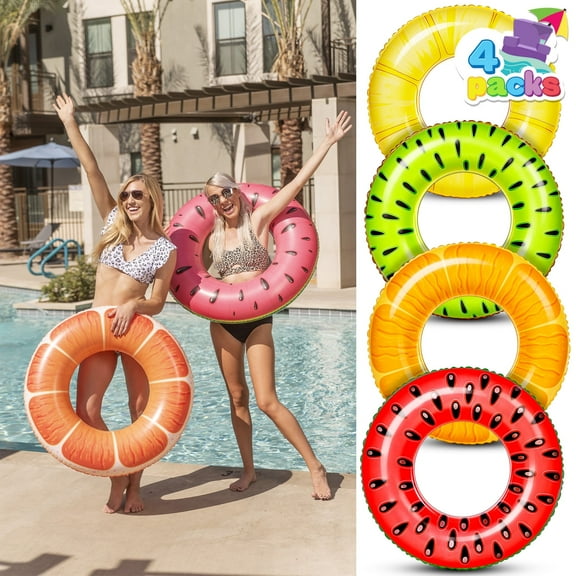 Joyfy 4 Packs 32'' Inflatable Pool Floats Fruit Tube Rings, Fruit Pool Tubes, Pool Floaties Toys, Beach Swimming Party Toys for Kids and Adults
