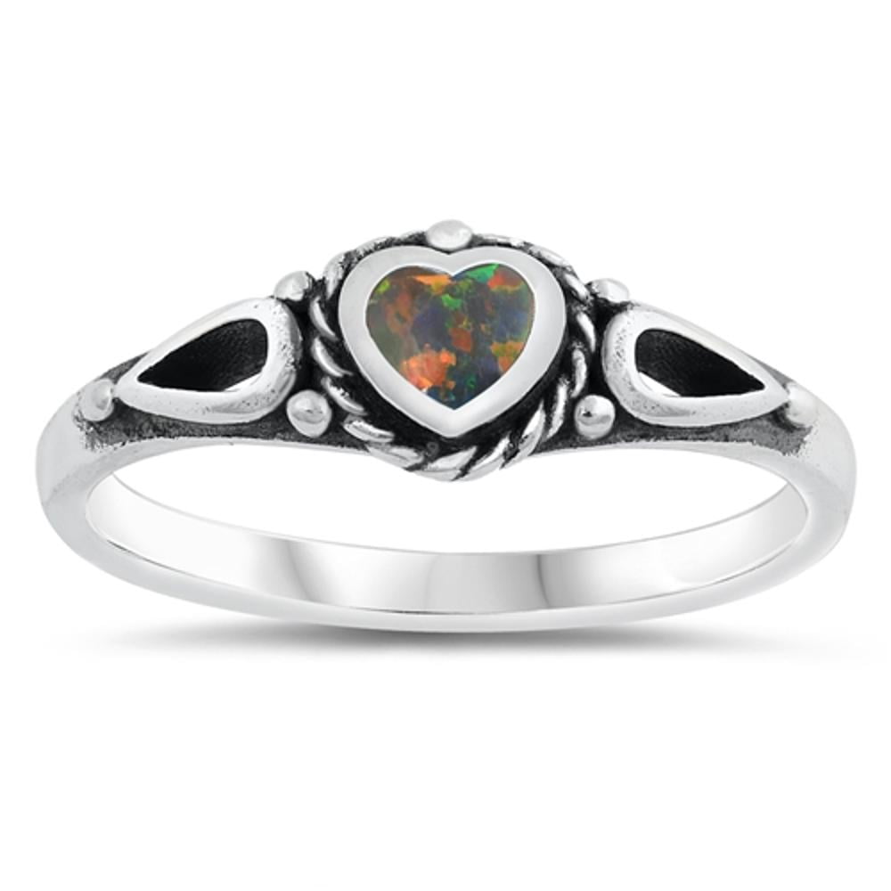 CHOOSE YOUR COLOR Mystic Simulated Opal Bali Heart Promise Ring .925 Sterling Silver Band Black CZ Female Size 9