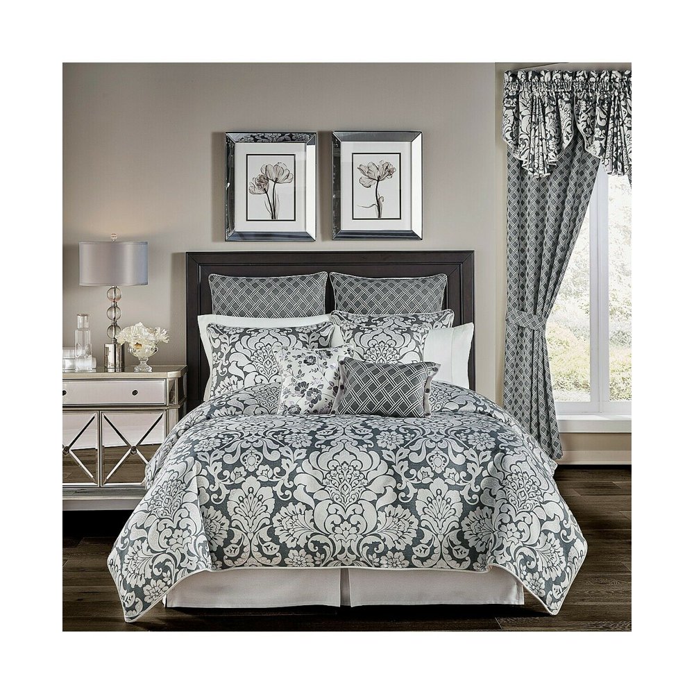Croscill Remi Silver Damask Jacquard Pleat Cord 4 Pc Comforter Set KING Grey
