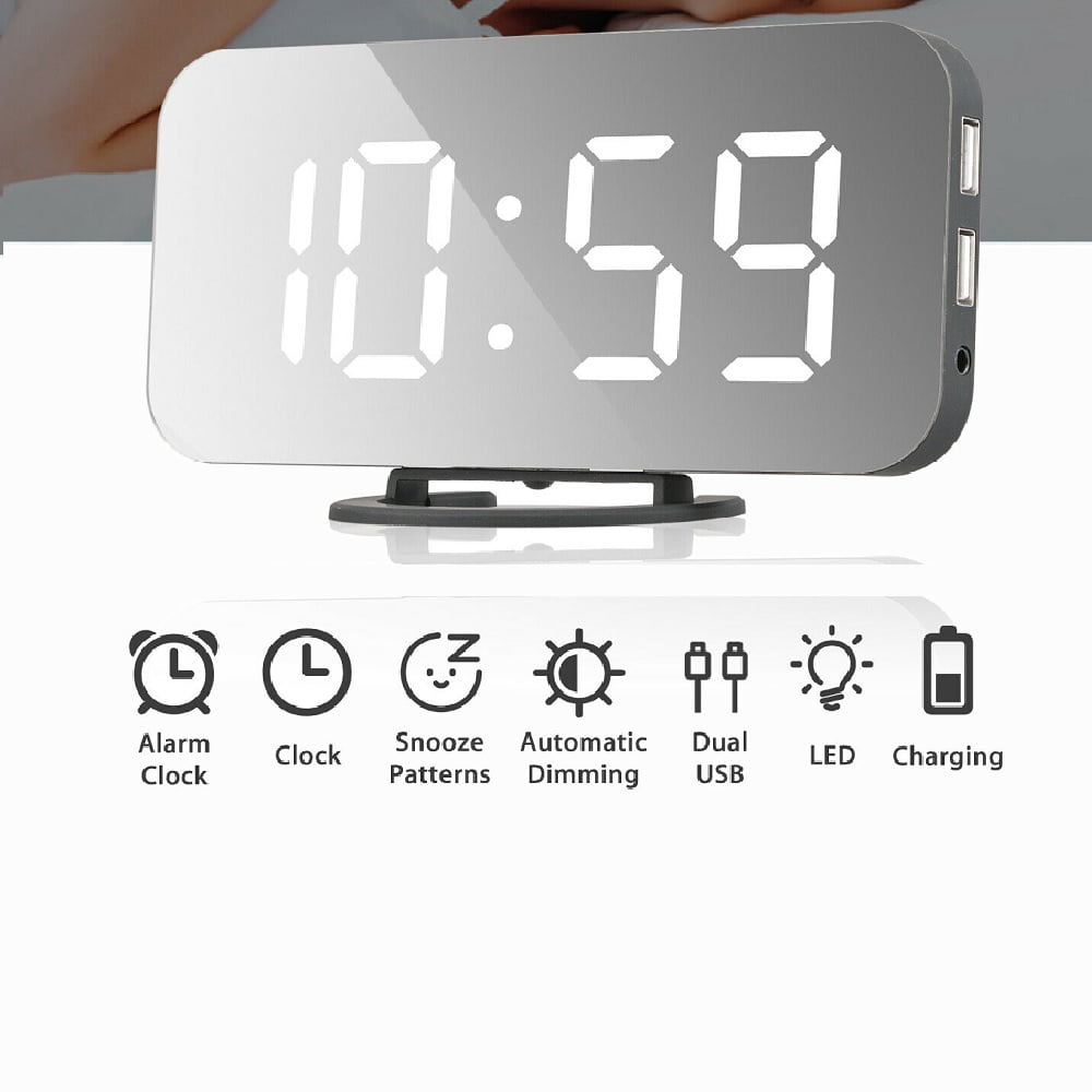 0-100% Dimmer White 9 Large LED Digital Alarm Clock with USB Port for Phone Charger Outlet Powered Touch-Activated Snooze