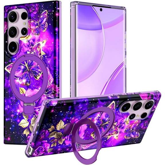 Rancase for Samsung Galaxy S23 Ultra Case with Magnetic Invisible Ring Stand [Compatible with MagSafe], Full Body Rugged Slim Women Men Girl Shockproof Marble Pattern Design Case, Butterfly